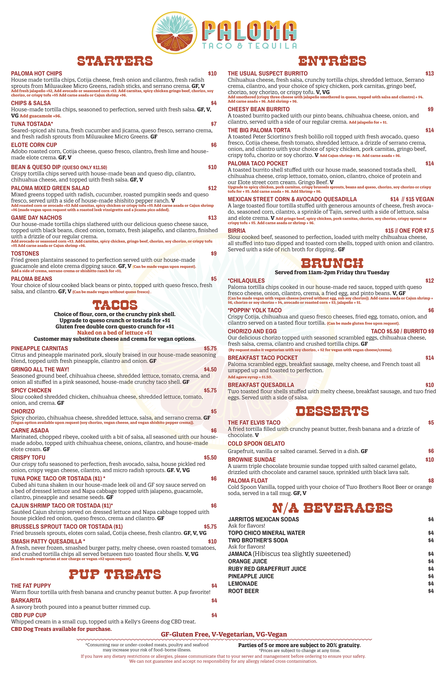 Paloma Tacos and Tequila Food Menu